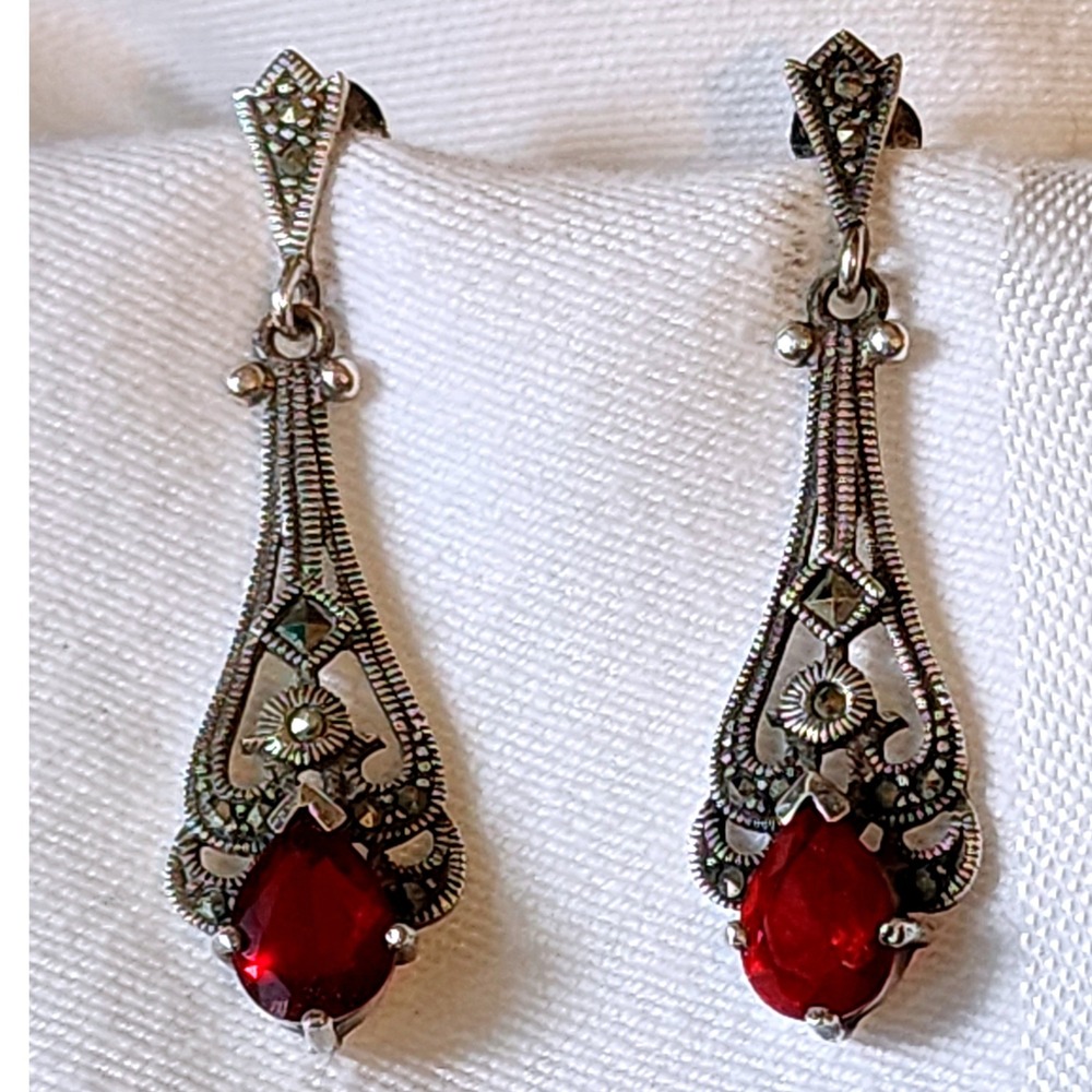 Vintage Sterling Silver Marcasite Red Pear Drop Earrings Art Deco 925 Dangle